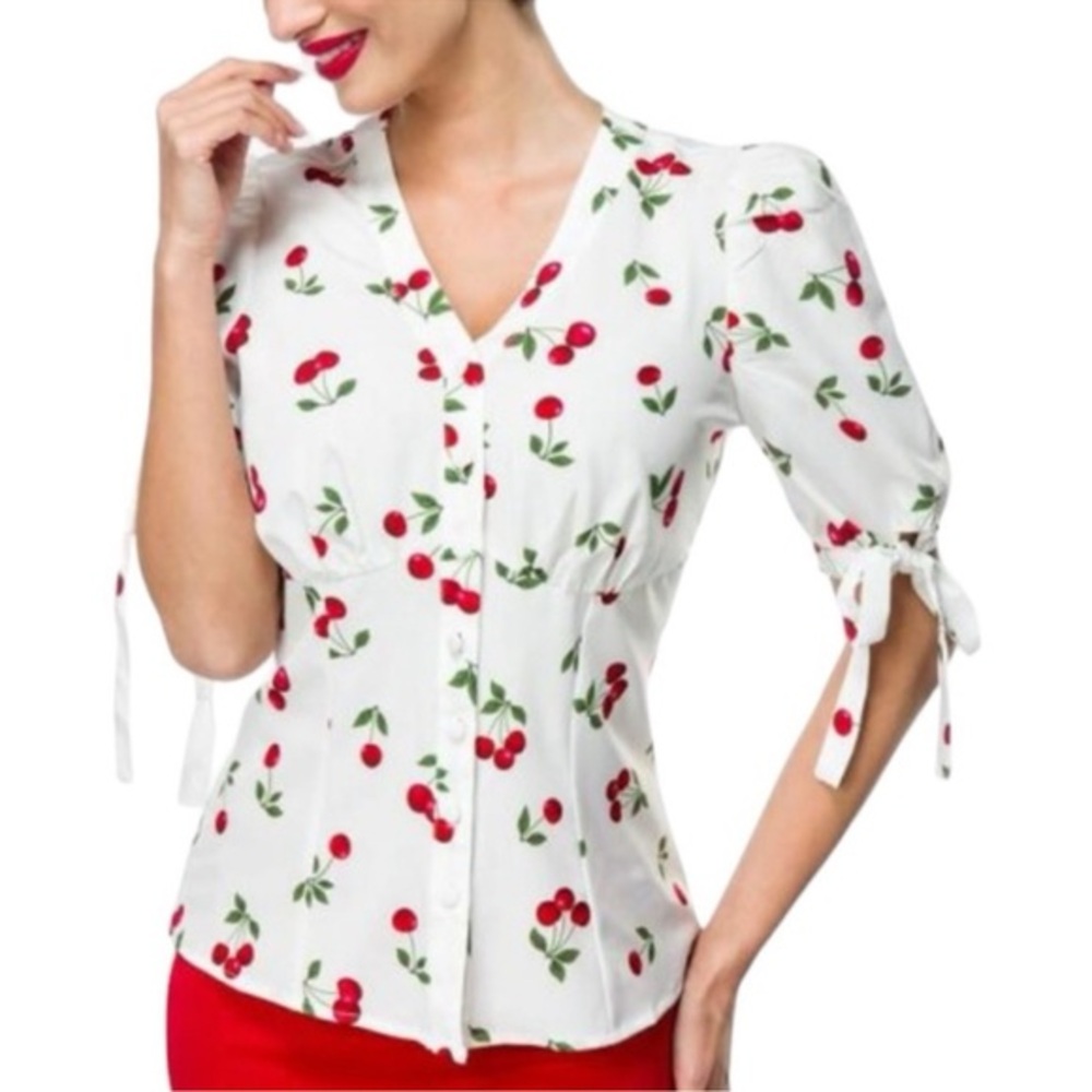 NWT BELLE POQUE retro cherries blouse top shirt with puff sleeves & bow accent S